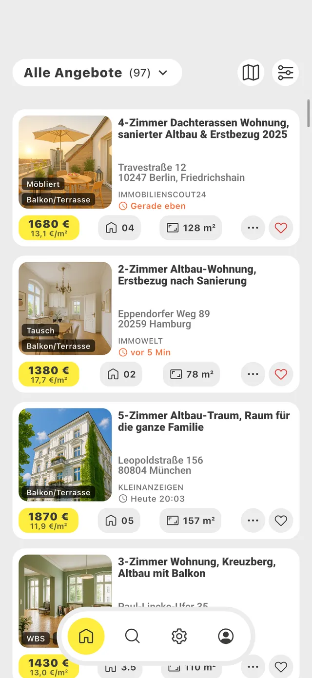 Screenshot der Immobilien Bot App: Angebotsliste mit passenden Wohnungen