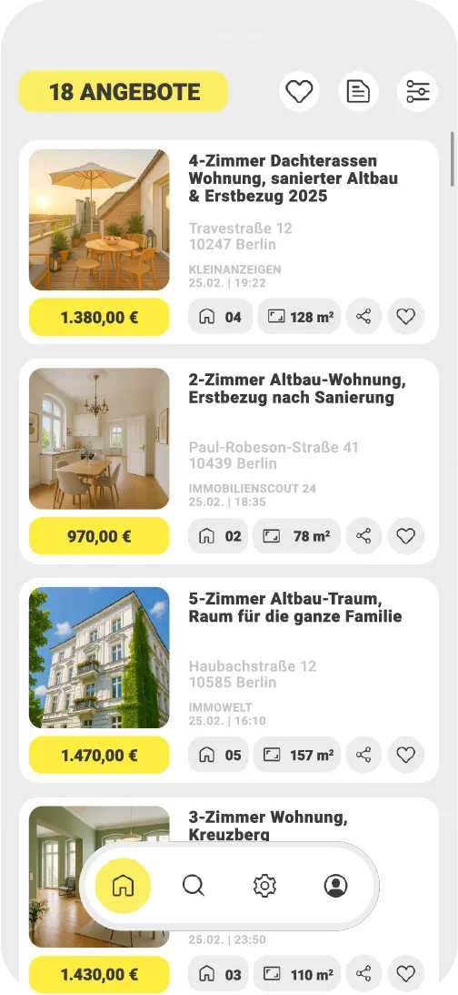 Screenshot der Immobilien-Bot-App: Angebotsliste mit passenden Wohnungen