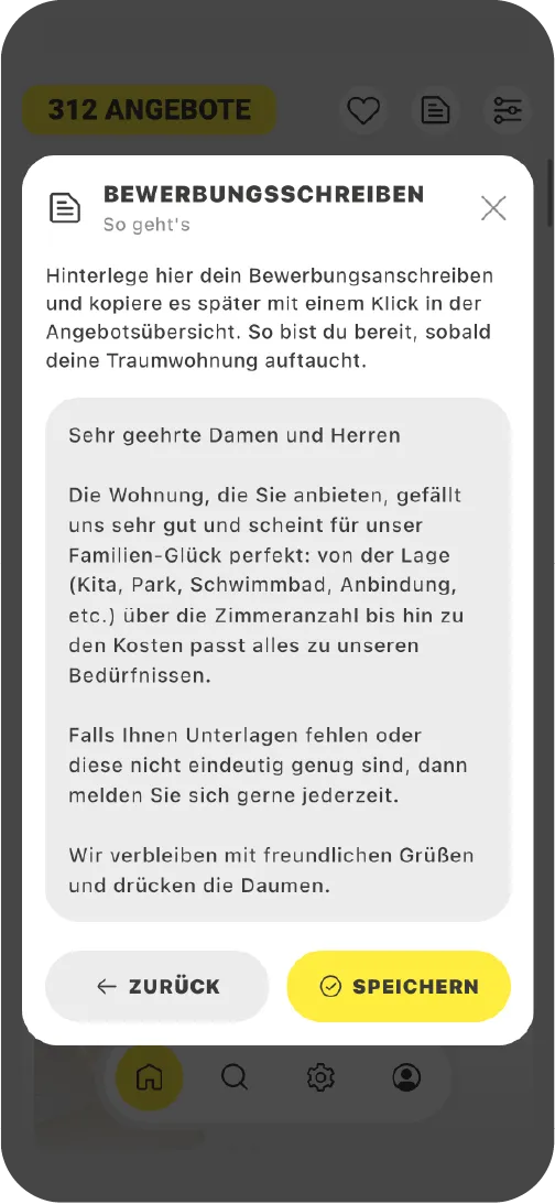 Ansicht „Bewerbungsschreiben" der App: hinterlegtes Anschreiben in einem Textfeld mit den Buttons „Zurück" und „Speichern".
