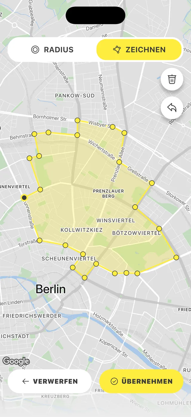 Screenshot der Immobilien Bot App: Suchbereich per Zeichnung auf der Karte festlegen