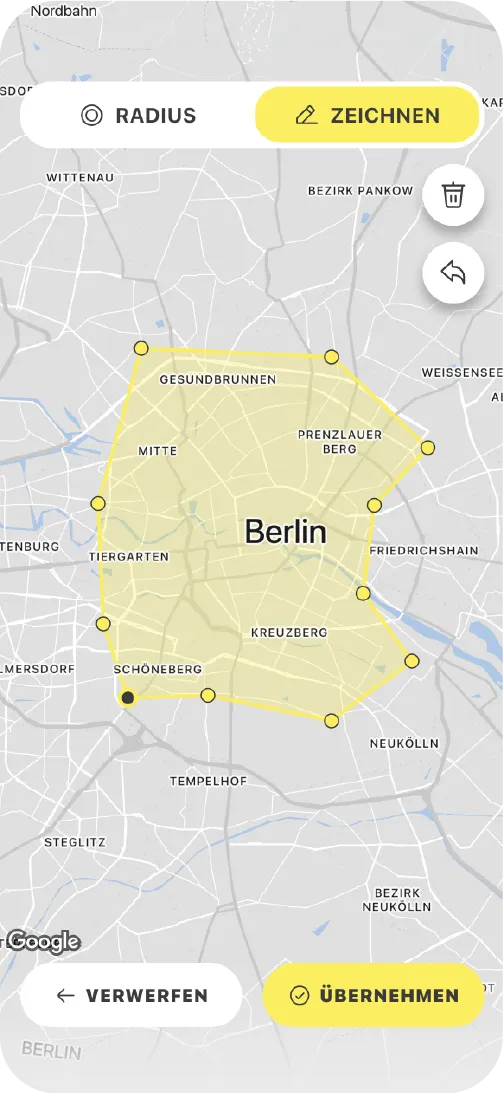 Karte von Berlin mit gelb umrandetem, selbst gezeichnetem Suchbereich über der Innenstadt; oben die Umschalter „Radius" und „Zeichnen".