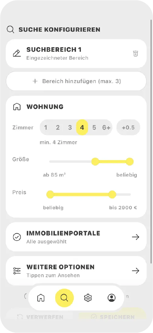 Immobilien Bot App-Screen „Suche konfigurieren": eine Liste der Immobilienportale, alle ausgewählt.