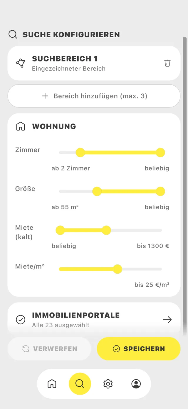 Screenshot der Immobilien Bot App: Suche mit Zimmern, Größe und Preis konfigurieren